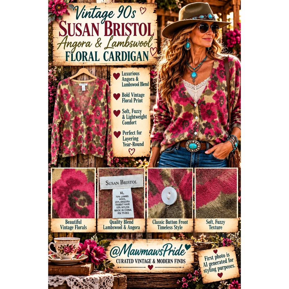 Vintage 90s Susan Bristol Angora Rabbit Hair Floral Cardigan XL Art to Wear